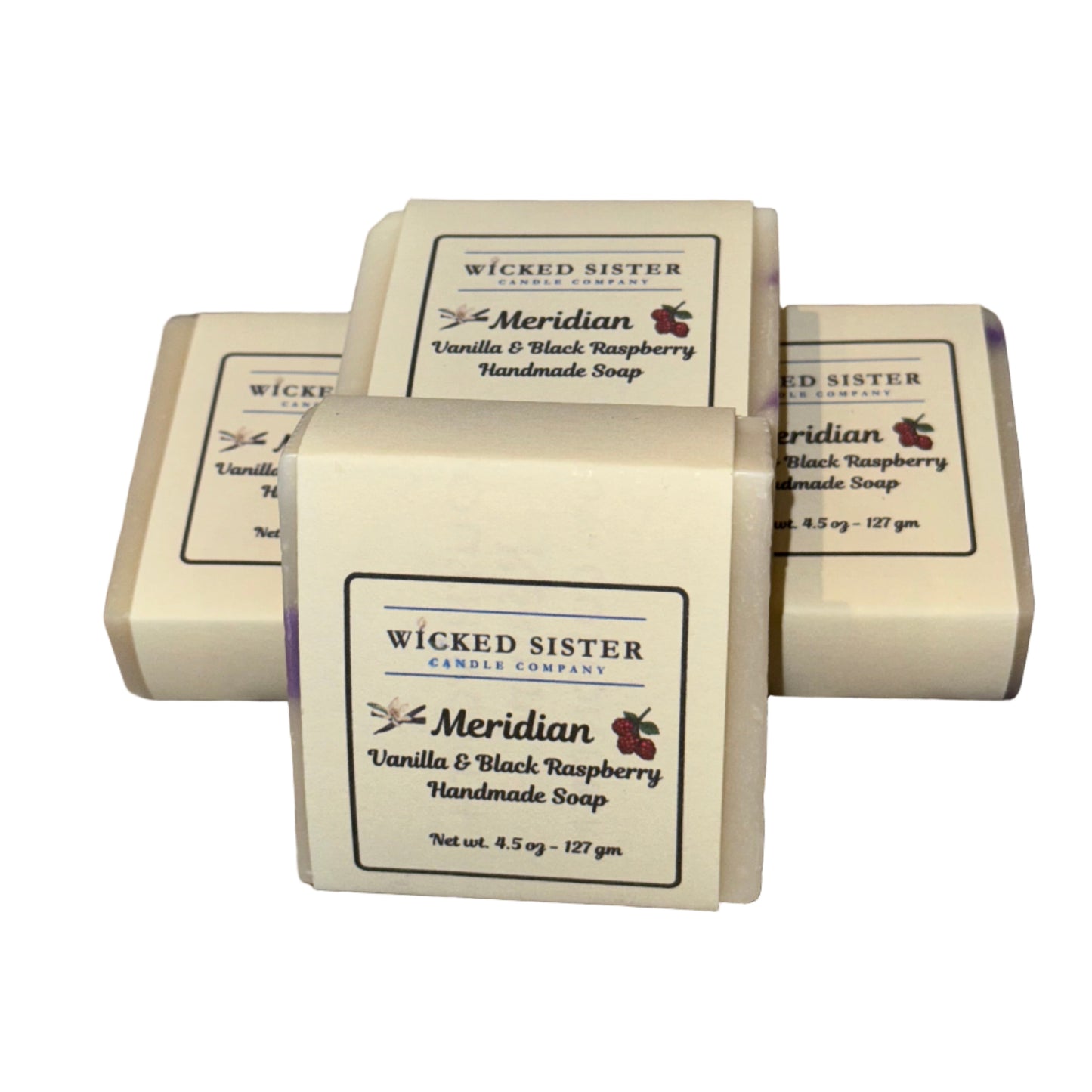 Four bars of soap stacked with 'Wicked Sister' branding.