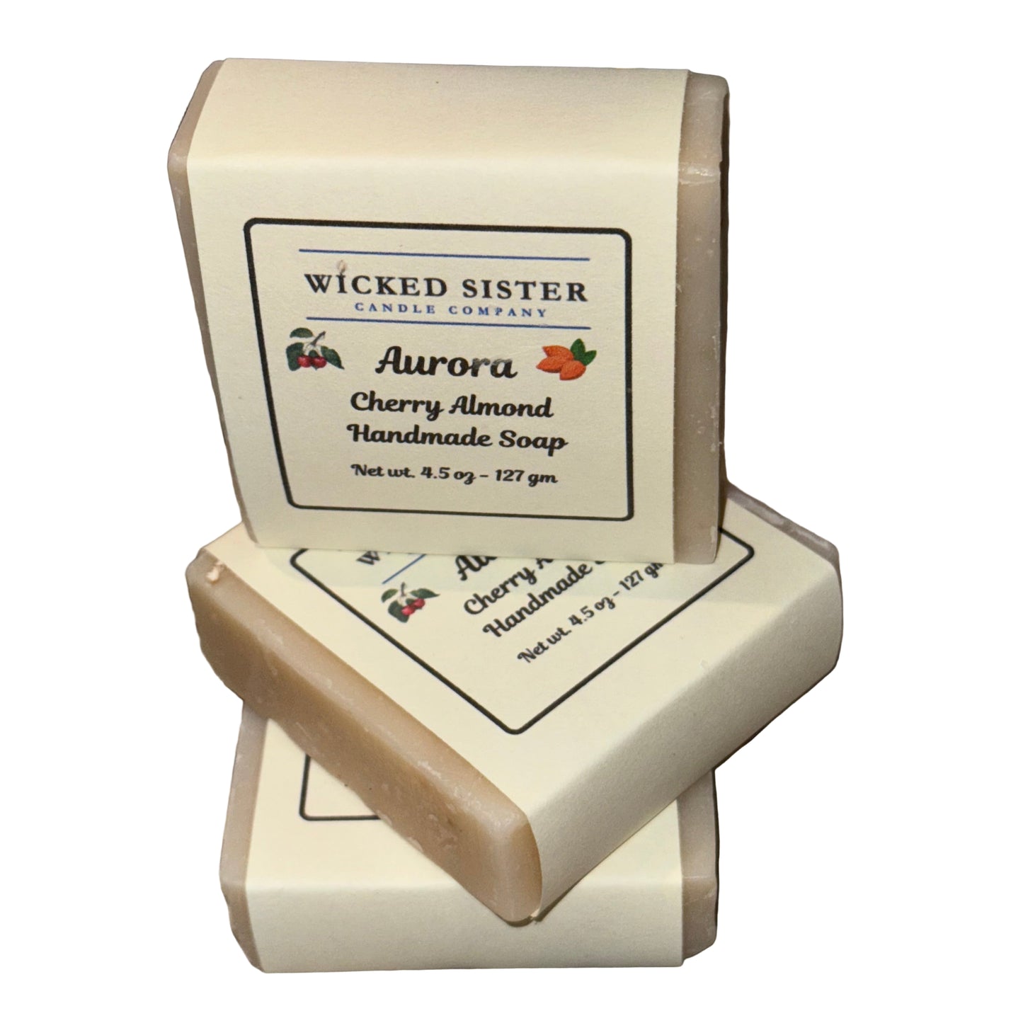 Wicked Sister Cherry Almond handmade soap with packaging on a white background