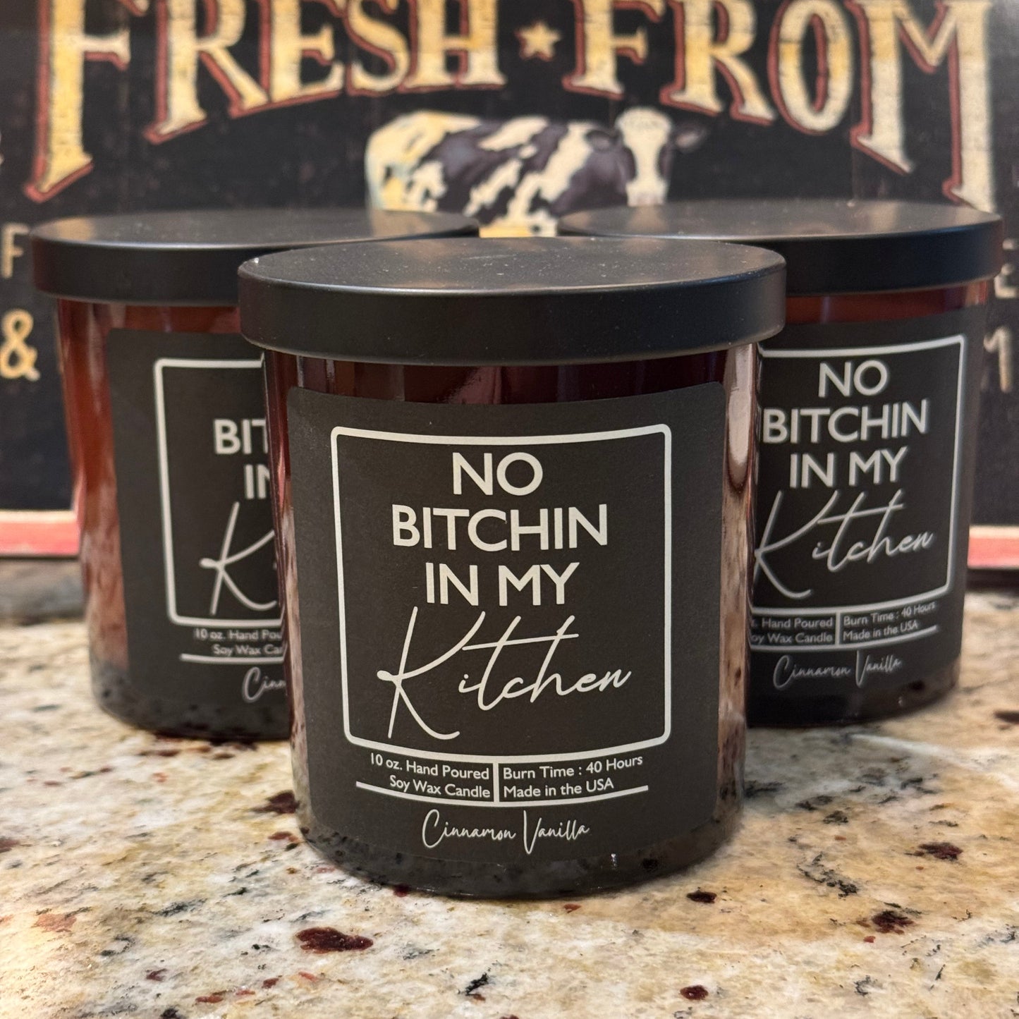 Humorous soy wax candle in amber glass jar with lid cinnamon vanilla