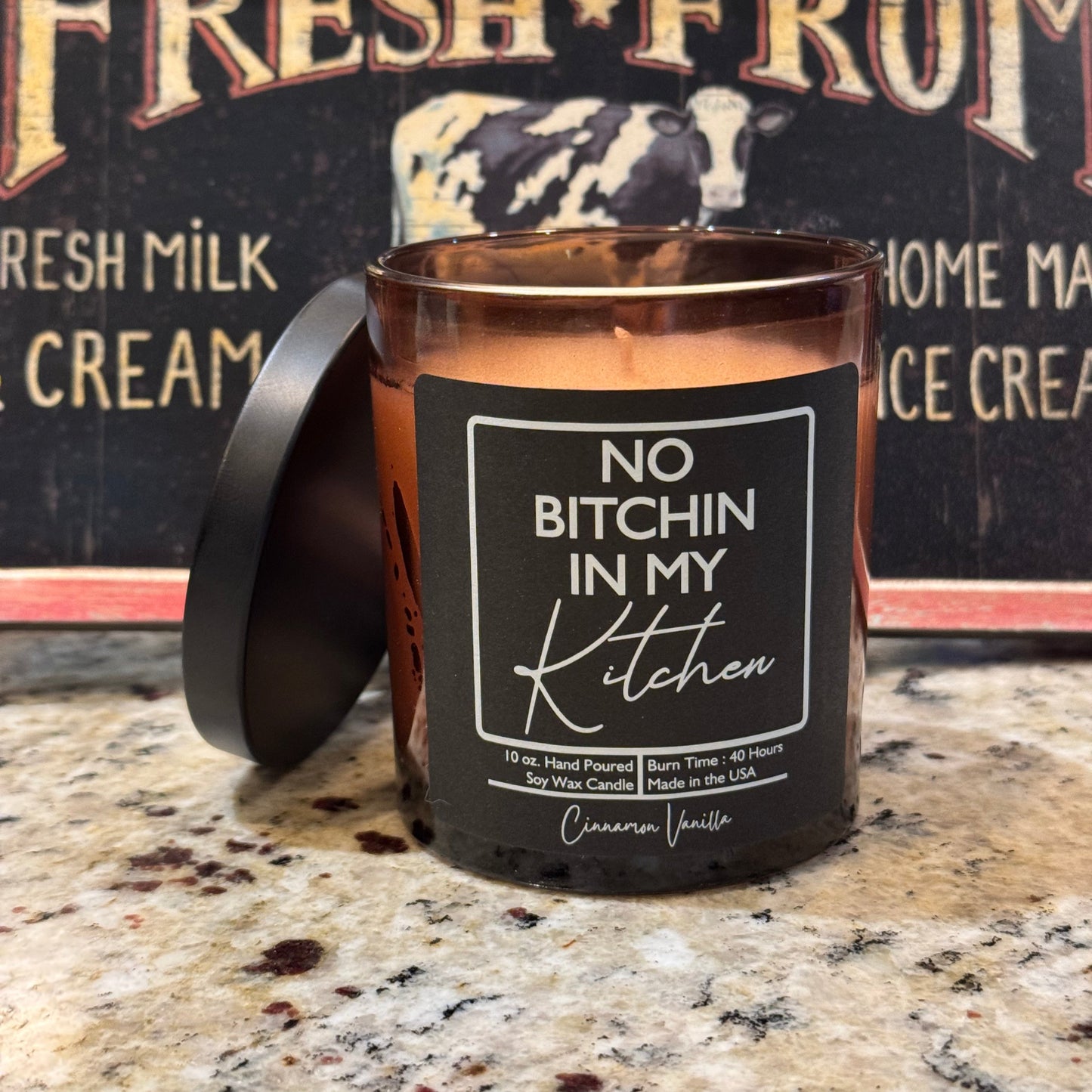 Humorous sow wax candle no bitchin in my kitchen cinnamon vanilla amber glass with lid