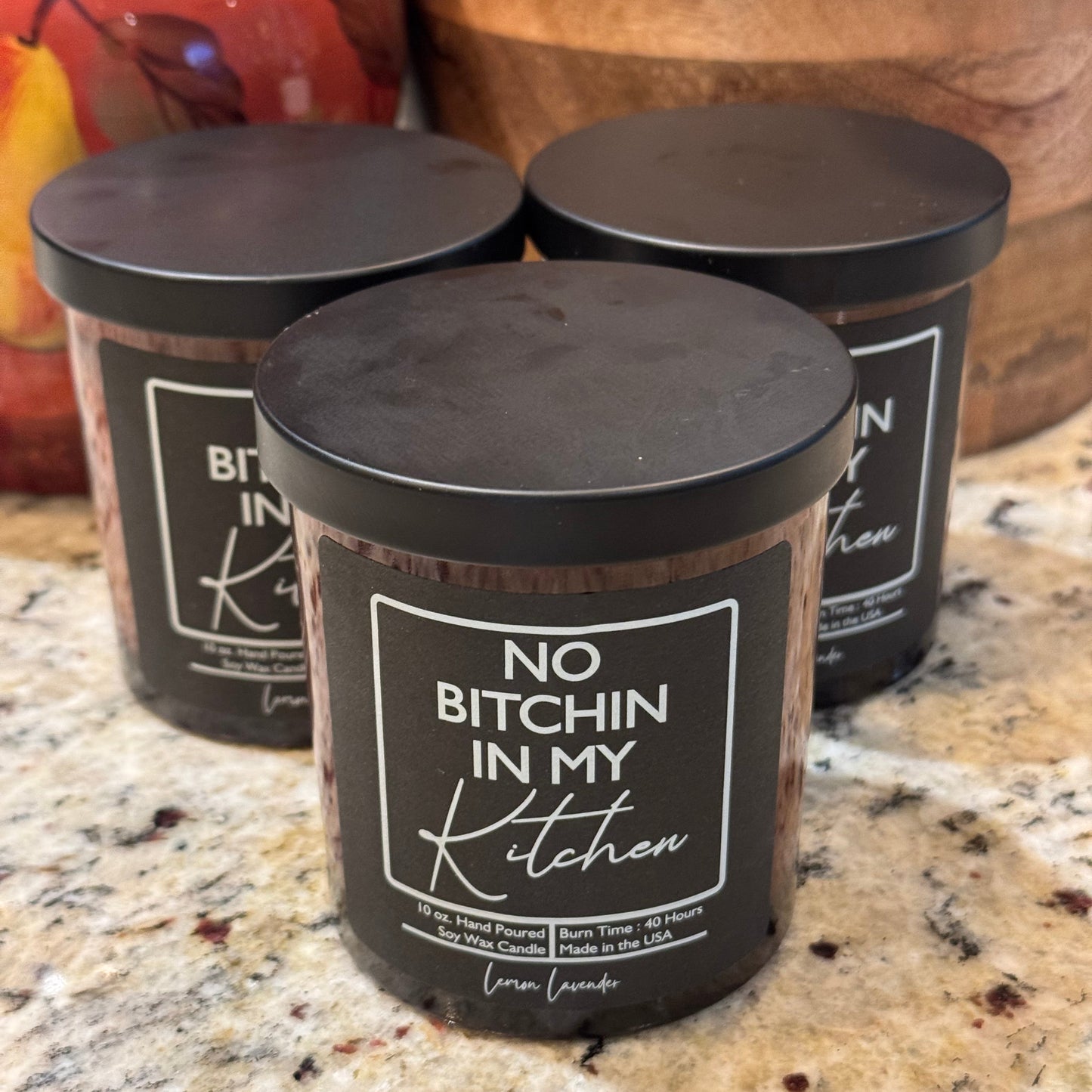 Hand poured soy wax candle, No Bitchin In My Kitchen, amber glass jar