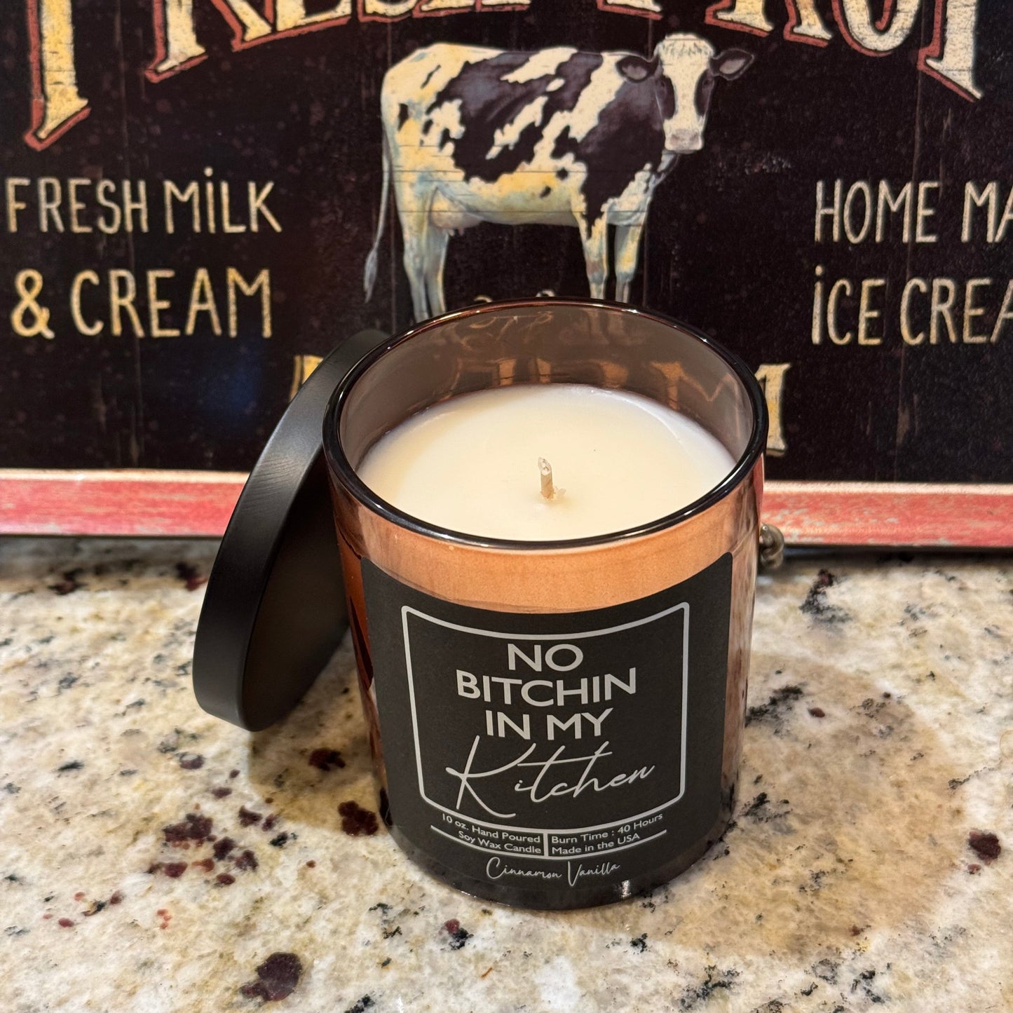 Soy wax funny candle cinnamon vanilla scent amber glass jar 40 hour burn