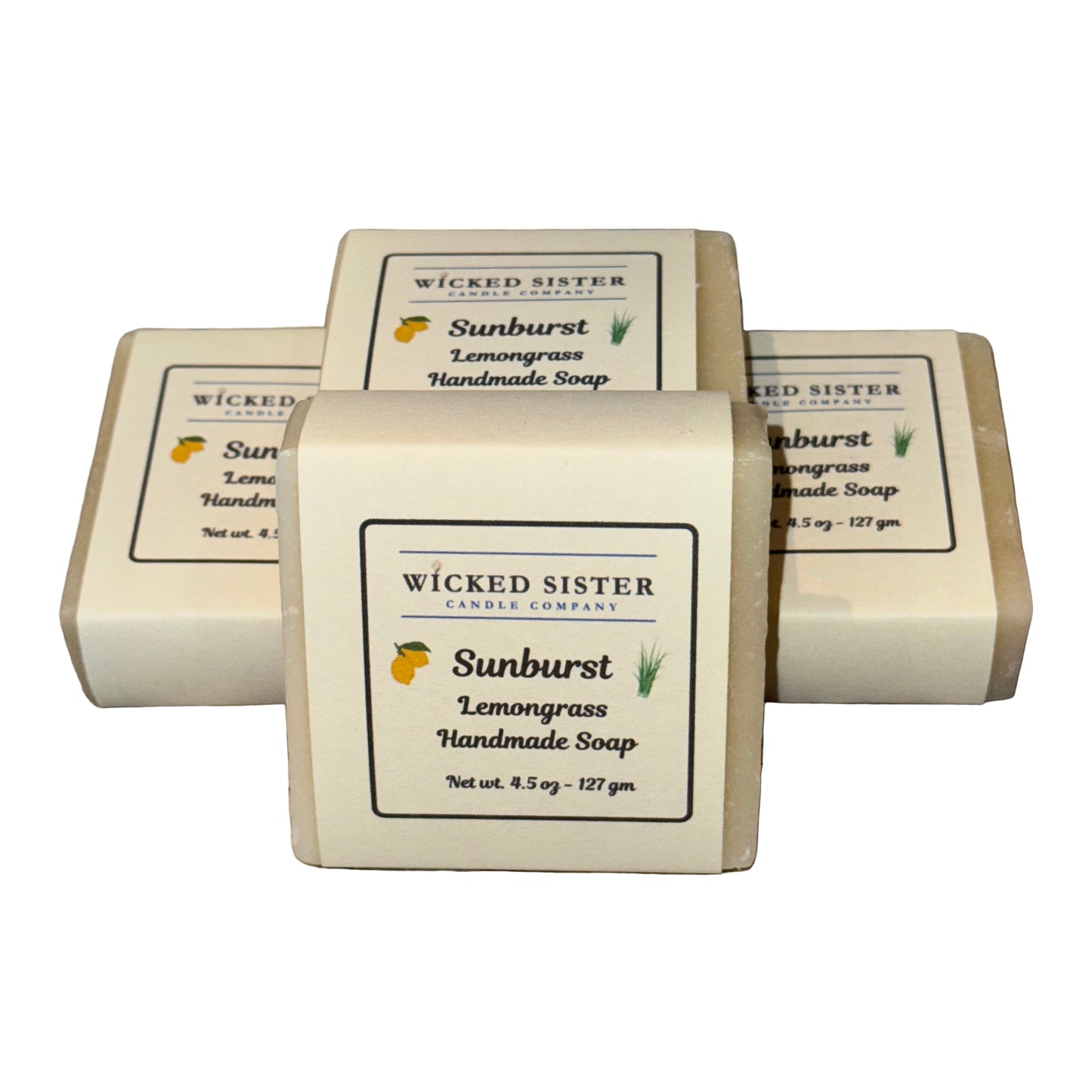 Wicked Sister handmade Lemongrass soap bars on a white surface