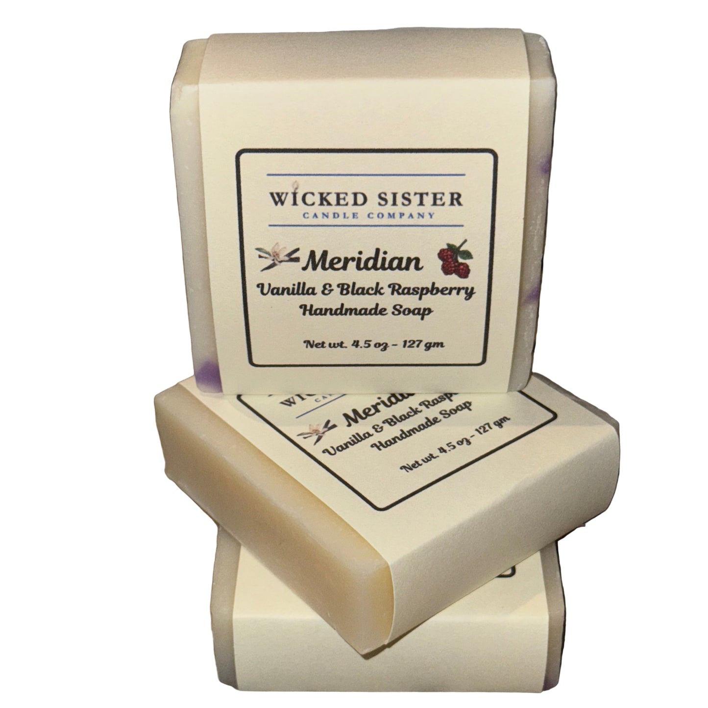 Wicked Sister Candle Company Meridian Vanilla & Black Raspberry handmade soap on a white background