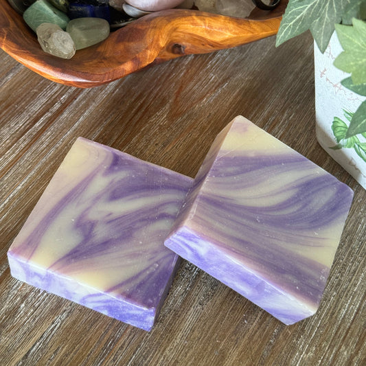 Two handmade natural lavender swirled purple and white soap bars