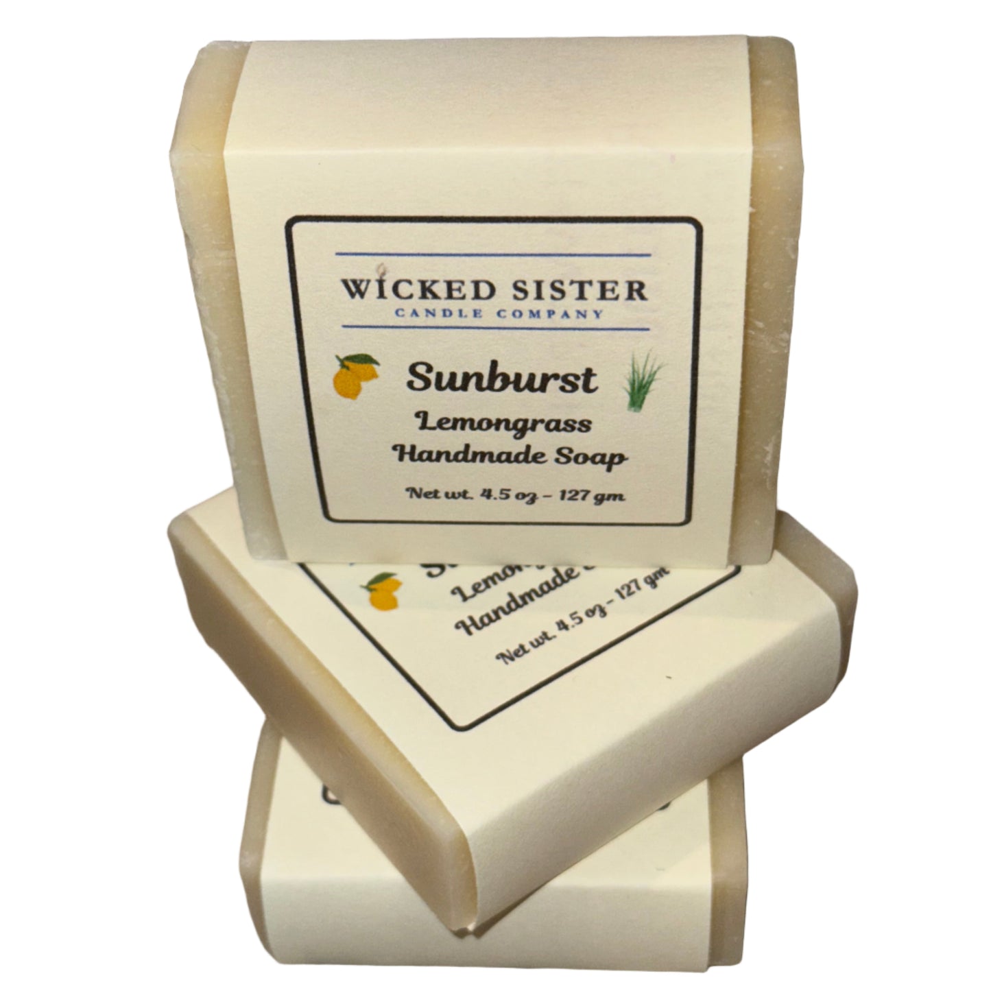 Sunburst lemongrass soap bars with a Wicked Sister label on a white background