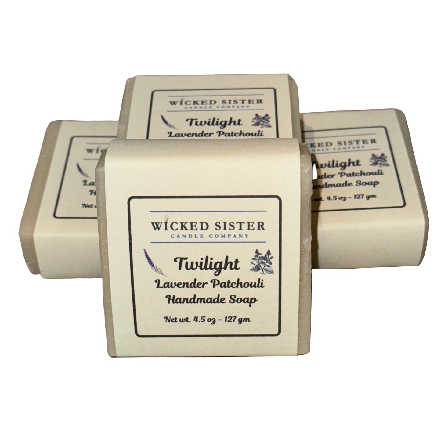 Wicked Sister soap bars labeled Twilight Lavender Patchouli on a white countertop