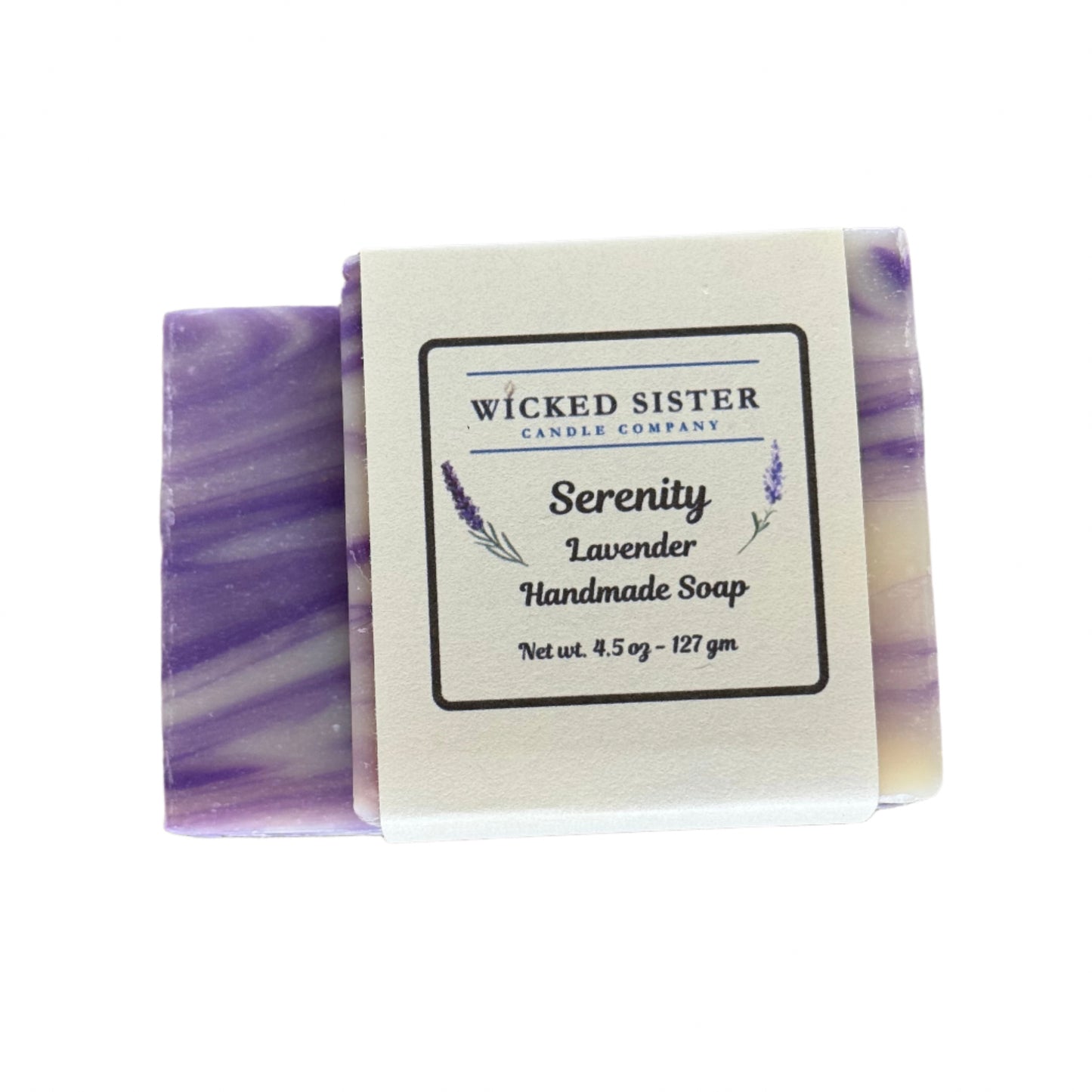 Lavender handmade soap bar with a 'Wicked Sister Candle Company' label on a white background