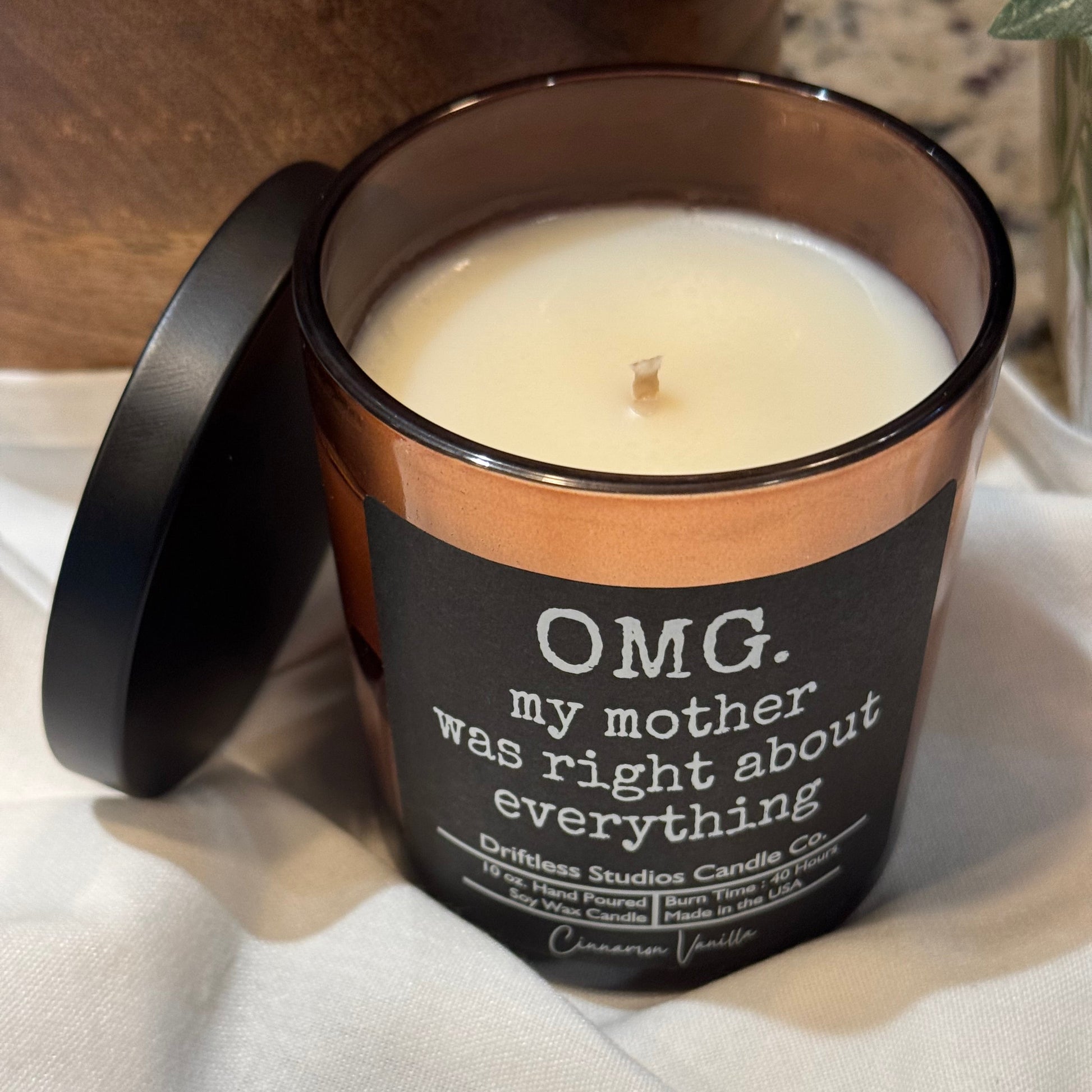 Novelty candle omg mother was right cinnamon vanilla scented soy wax candle