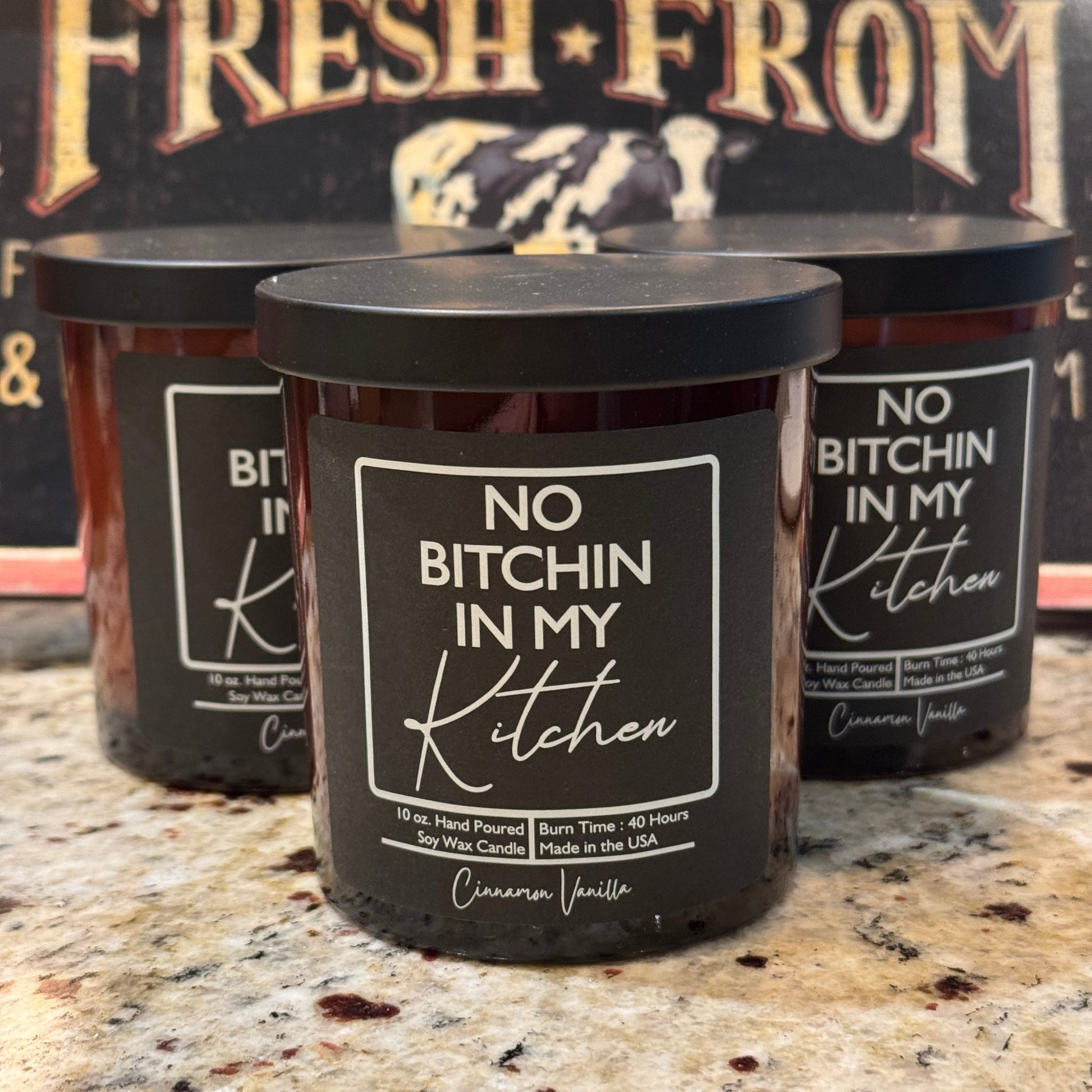 Humorous soy wax candle in amber glass jar with lid cinnamon vanilla