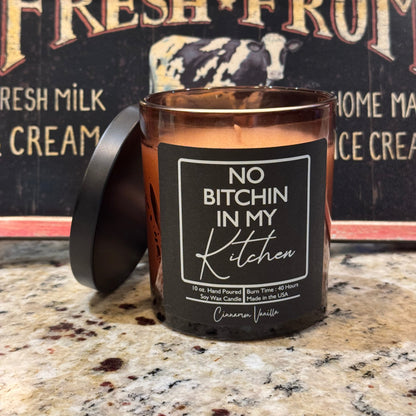 Humorous sow wax candle no bitchin in my kitchen cinnamon vanilla amber glass with lid