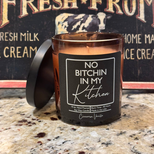 Humorous sow wax candle no bitchin in my kitchen cinnamon vanilla amber glass with lid