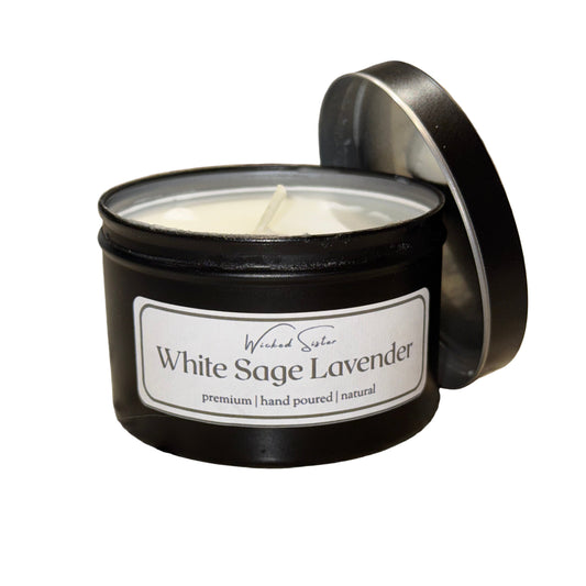 White Sage Lavender candle in a black container on a white background