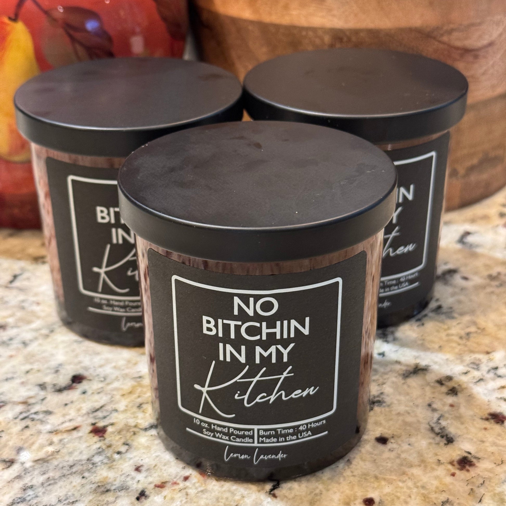 Hand poured soy wax candle, No Bitchin In My Kitchen, amber glass jar