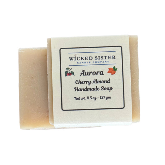 Cherry Almond handmade bar of soap with a Wicked Sister Candle Company label
