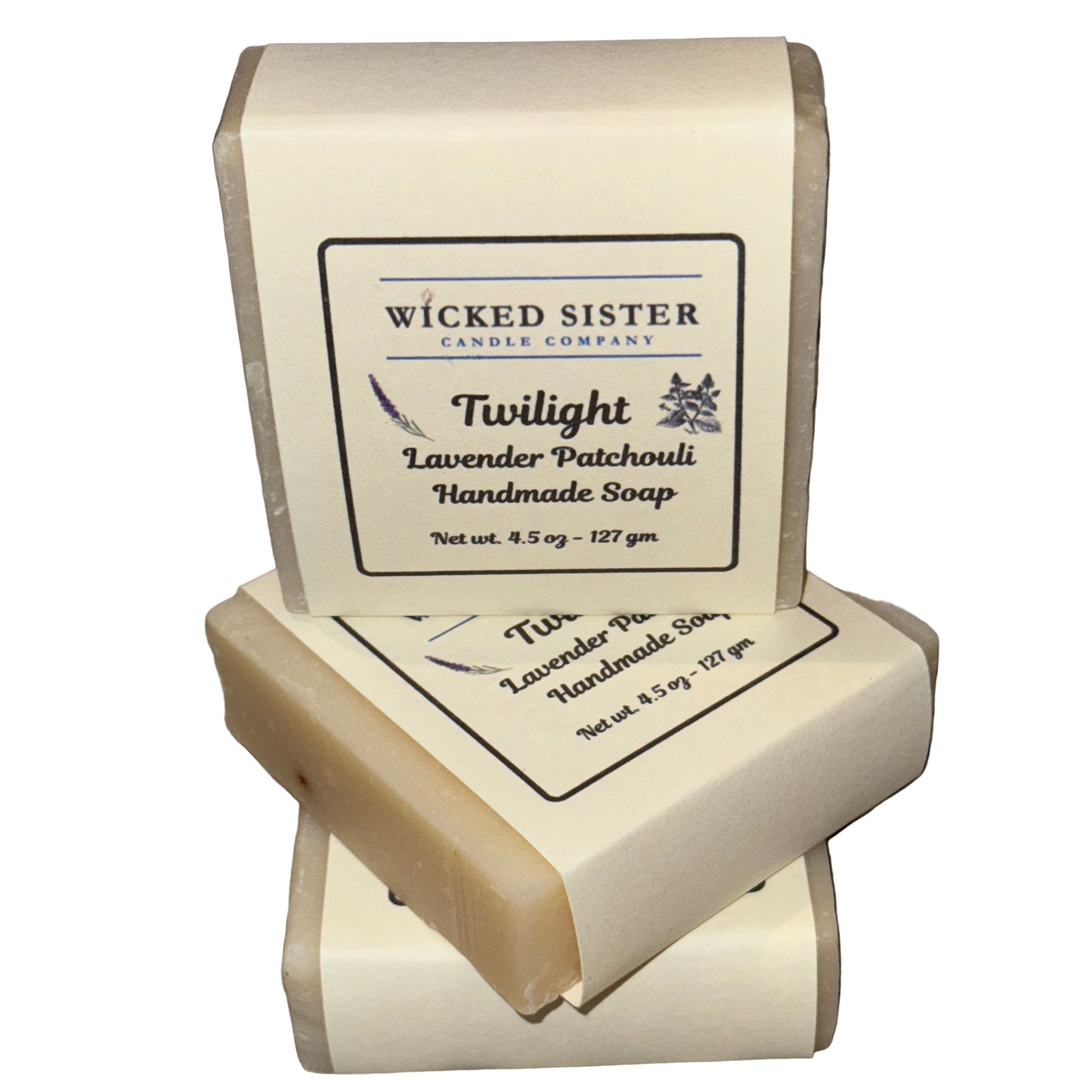 Handmade soap with a Wicked Sister Candle Company label on a white background