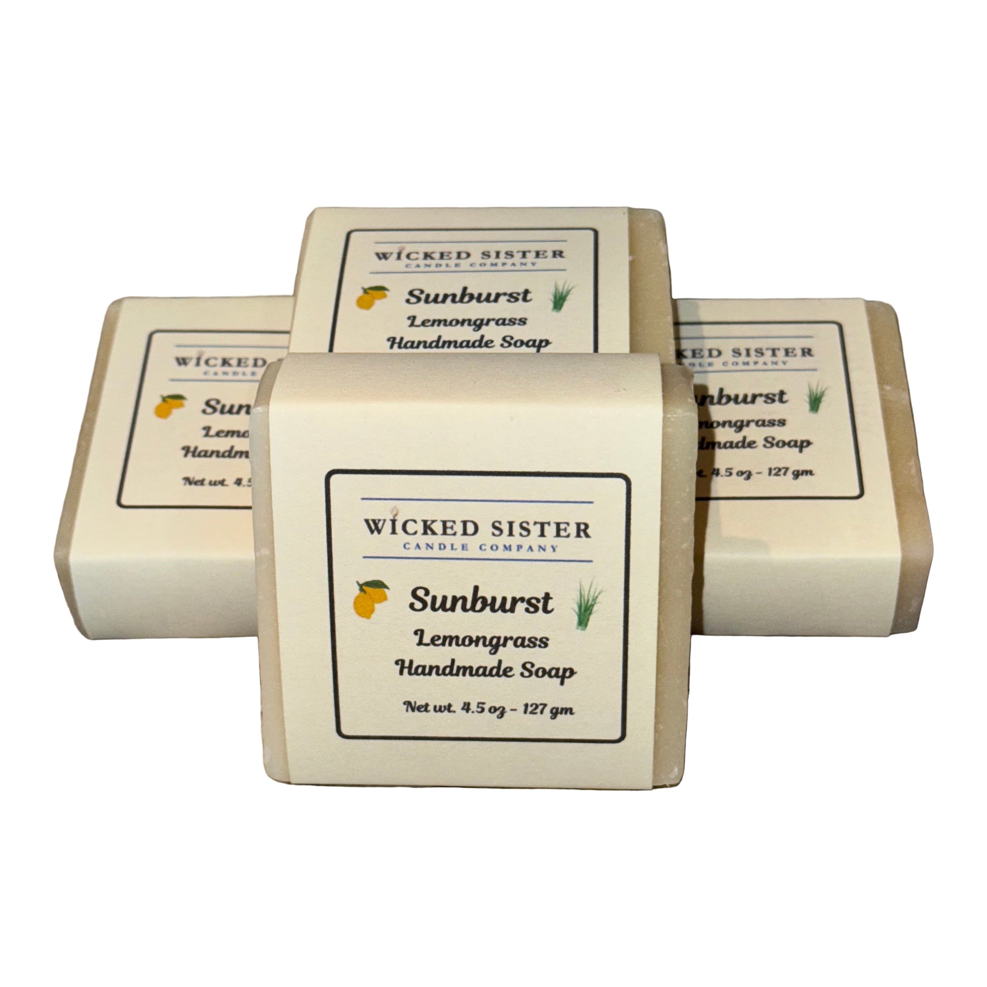 Wicked Sister handmade Lemongrass soap bars on a white surface