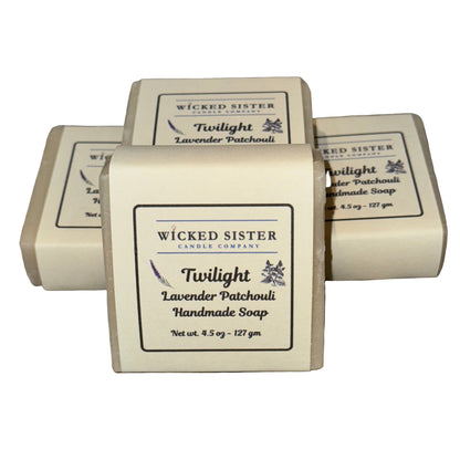 Wicked Sister soap bars labeled Twilight Lavender Patchouli  on a white countertop