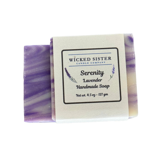 Lavender handmade soap bar with a 'Wicked Sister Candle Company' label on a white background
